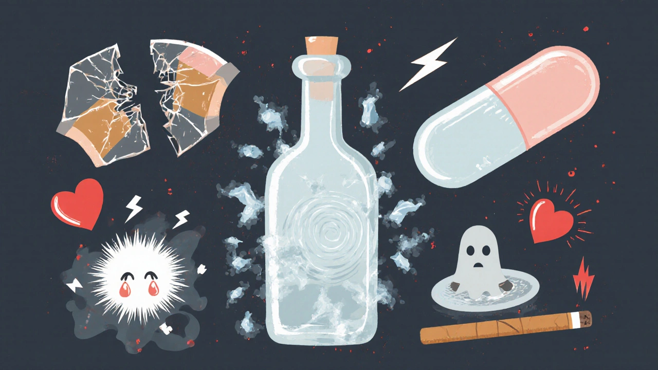 Koláž ukazující alkohol, opioidy, benzodiazepiny, stimulanty a nikotin s příznaky jako třes, úzkost a deprese.