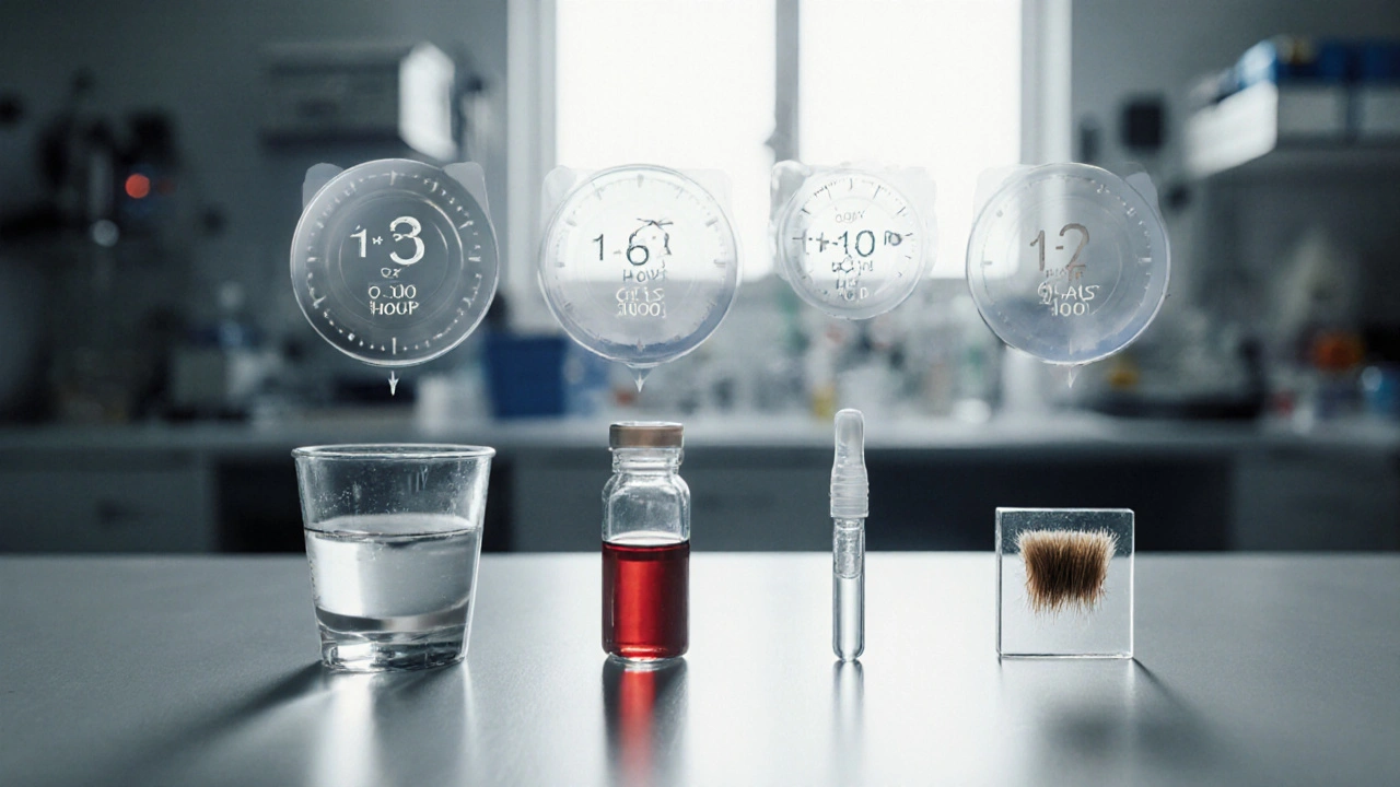 Laboratorní scénář ukazující testy moči, krve, sliny a vlasů pro detekci MDMA.