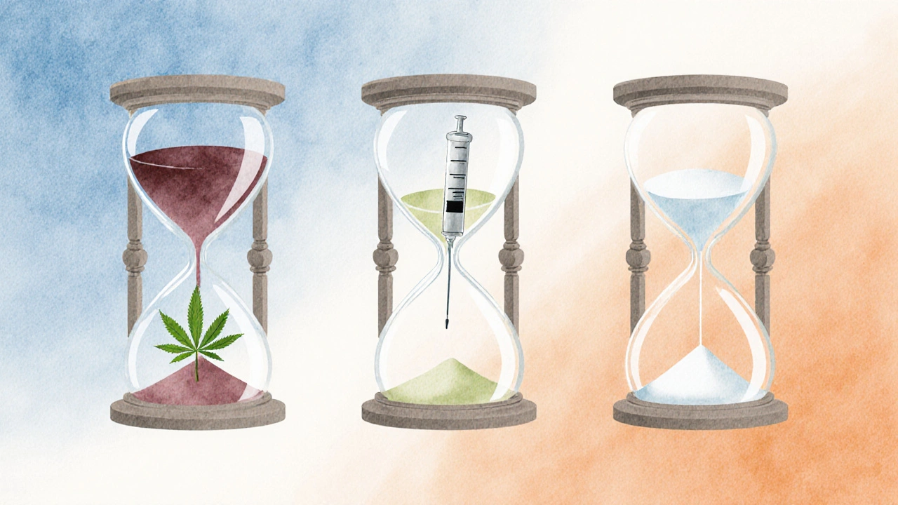Lahvičky, injekce, list a pilulky s přesýpacími hodinami, ukazující různé délky detoxikace.