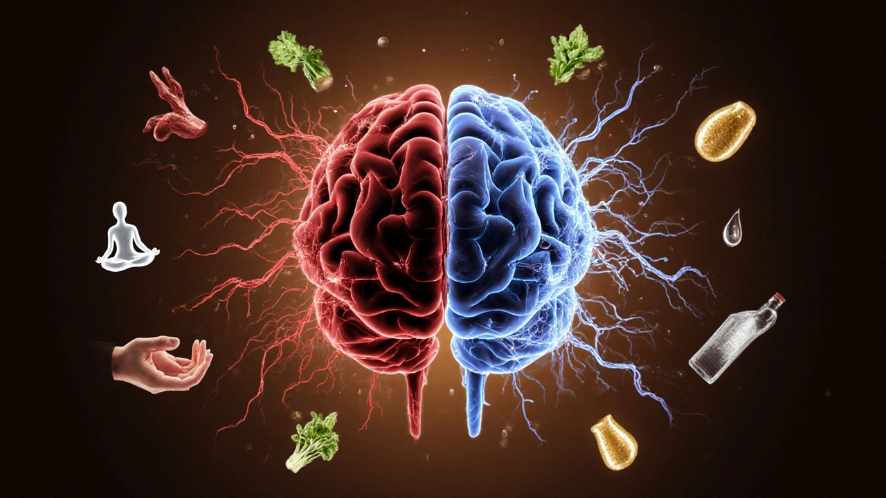 Mozek s novými nervovými spojeními, obklopený symboly zdravého životního stylu: voda, zelenina, jóga a podpora.