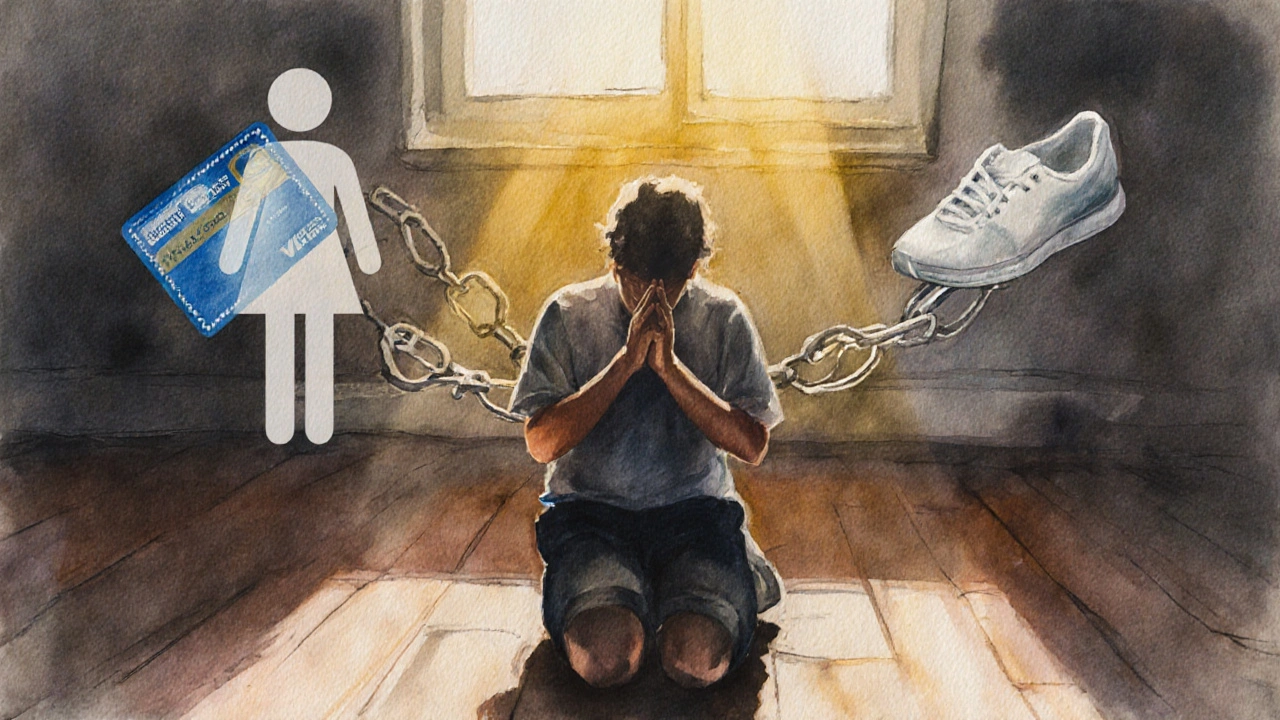 Osoba klečí, kolem ní se vznášejí prázdné řetězy symbolizující závislost na vztazích, penězích a sportu.