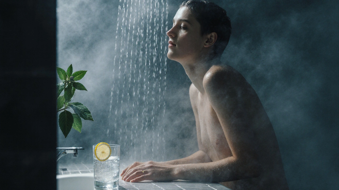 Osoba ve sprše v klidném okamžiku odpočinku, s vodou a citronem na stole.