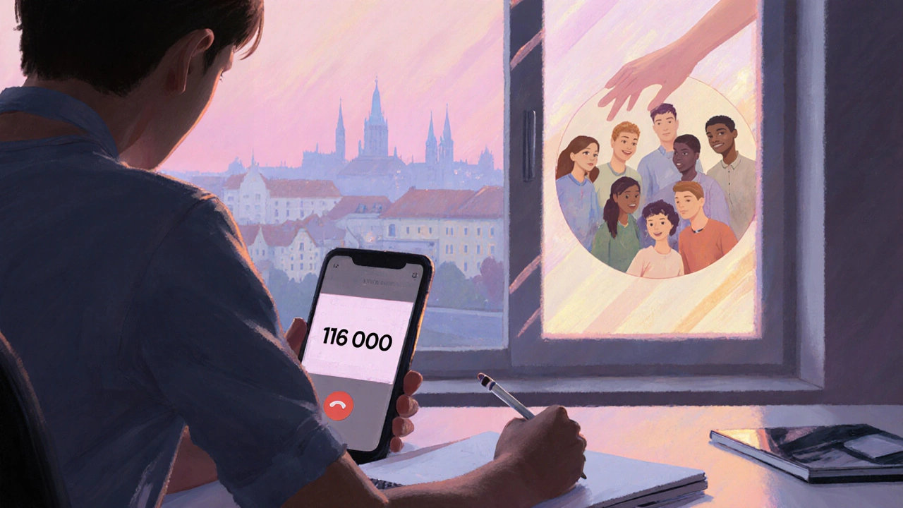 Osoba zapisuje si poznámky, volá na 116 000, za ní podpora skupiny.
