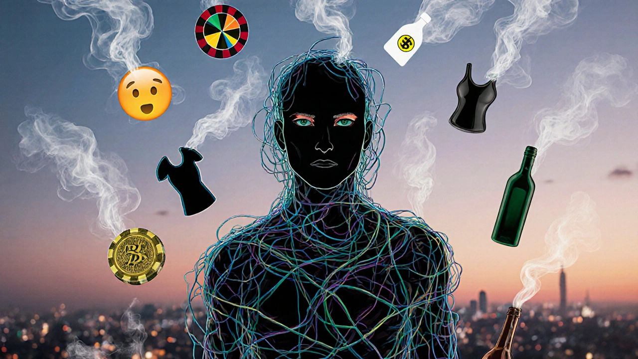 Postava složená z digitálních ikon a drátů, obklopená symbolem různých závislostí.