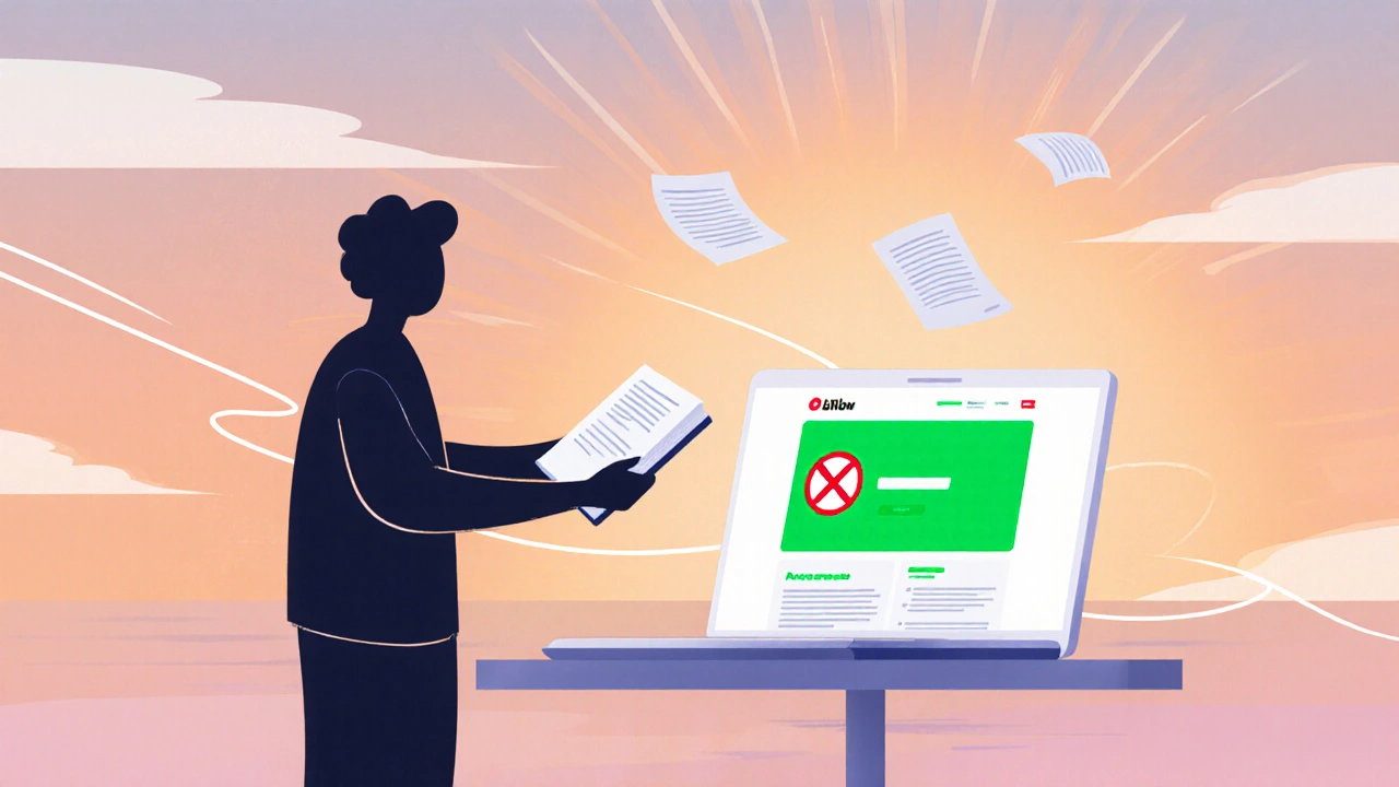 Postava stojí vedle zamčeného laptopu, drží deník, obklopena východem slunce.