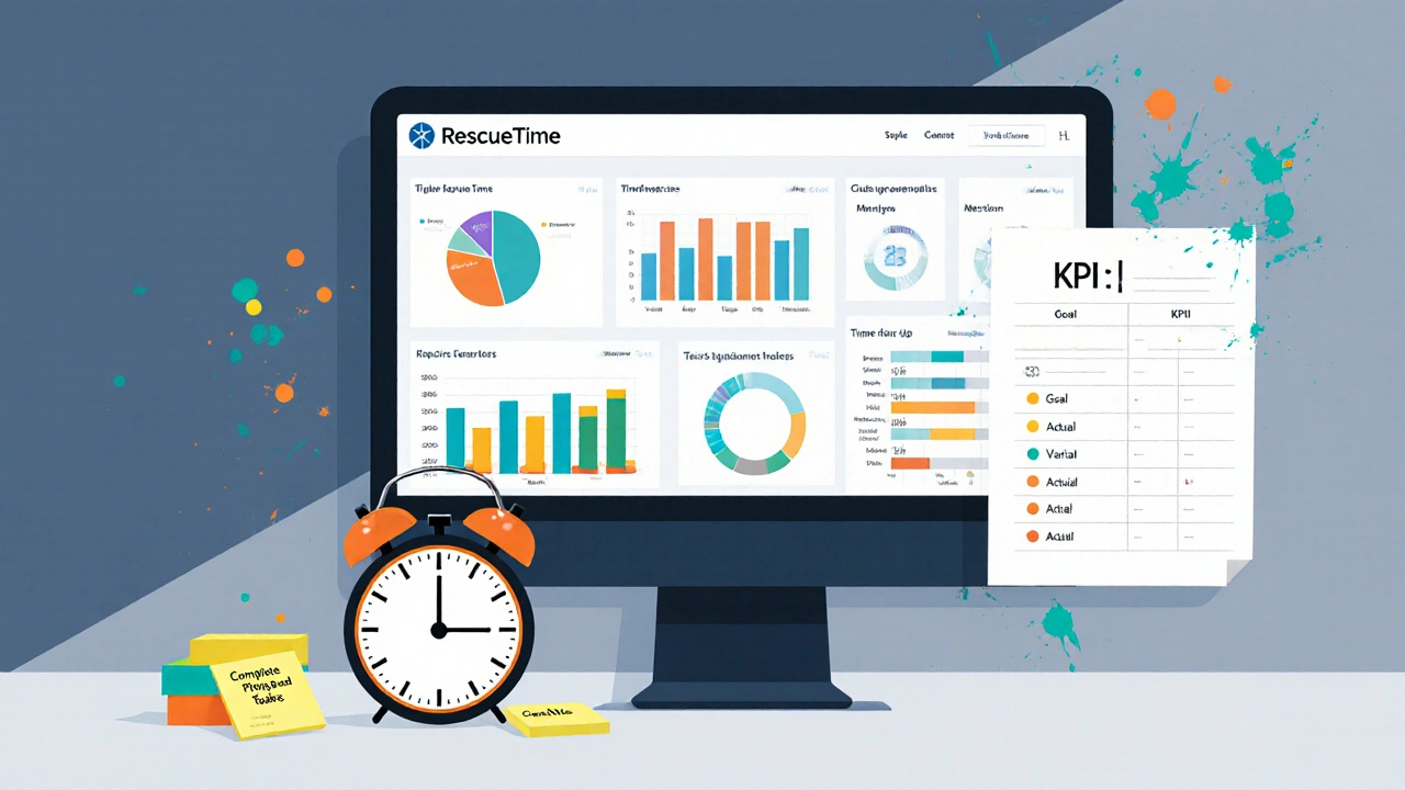 Pracovní plocha s časovým sledovacím panelem, pomodoro časovačem a KPI listem.