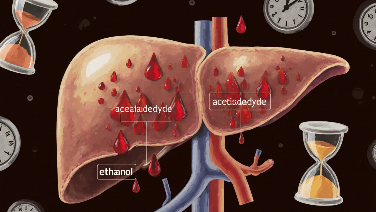 Průřez játry s postupným zpracováním alkoholu, znázorněný jako kapky a hodiny s pískem.