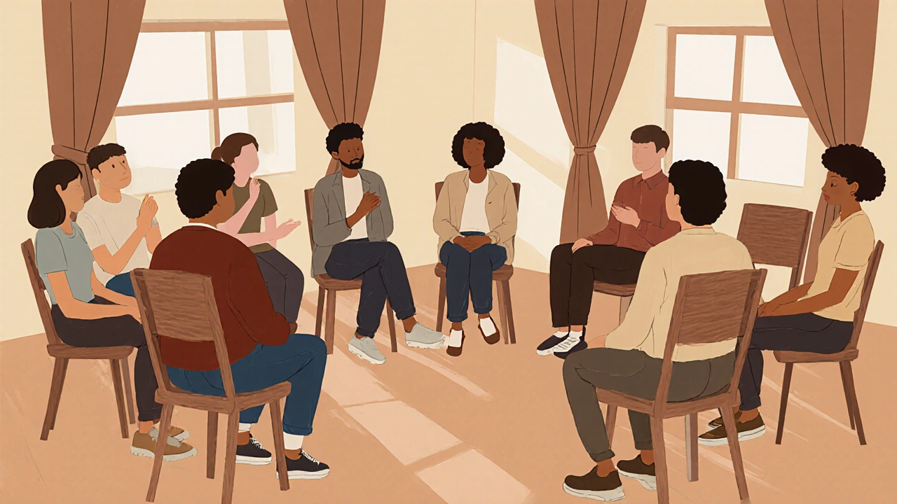 Skupina lidí v kruhu si v klidné místnosti poslouchá a podporuje se při léčbě závislosti.