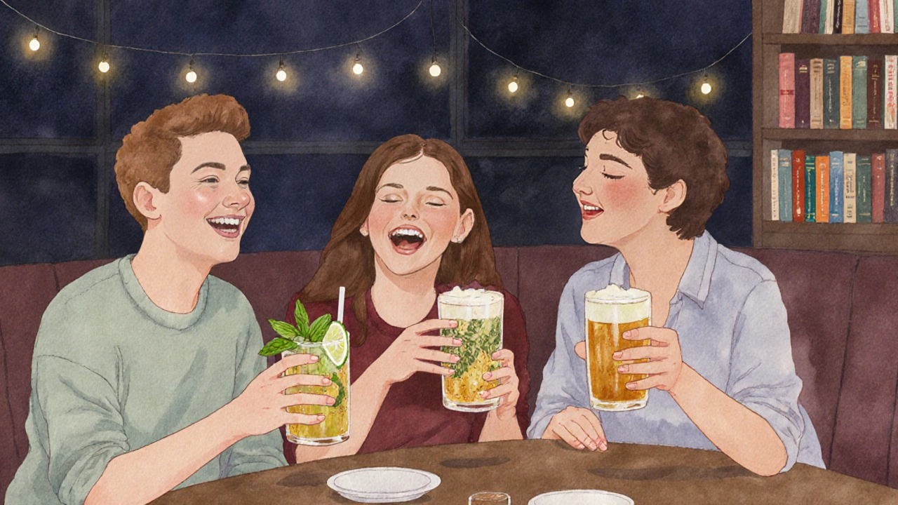 Tři přátelé si spolu povídají v kavárně s nealkoholickými nápoji večer.