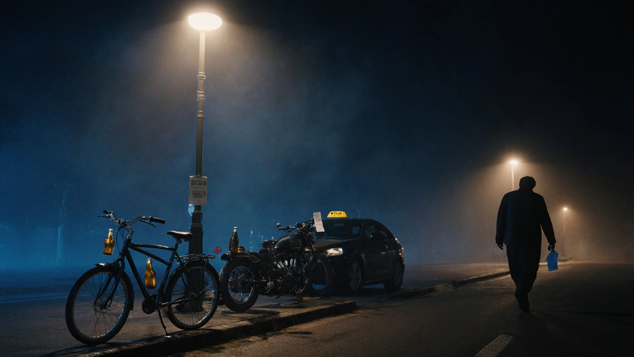 Tři vozidla stojí v noci s pivními láhvemi u každého, zatímco postava odchází s přepravní potvrzenkou.