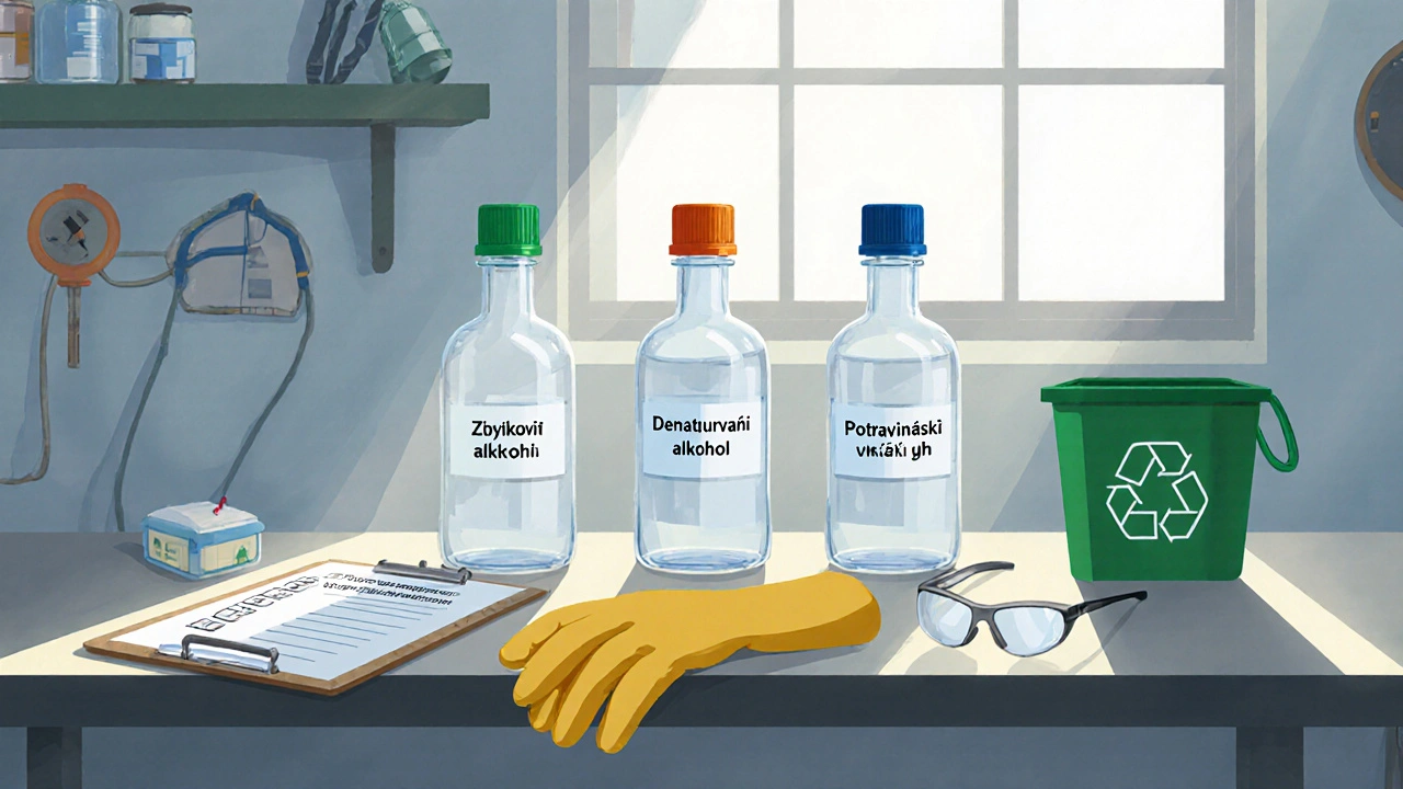 Uspořádaný pracovní prostor s označenými lahvemi různých alkoholů, kontrolním seznamem a recyklačním košem.