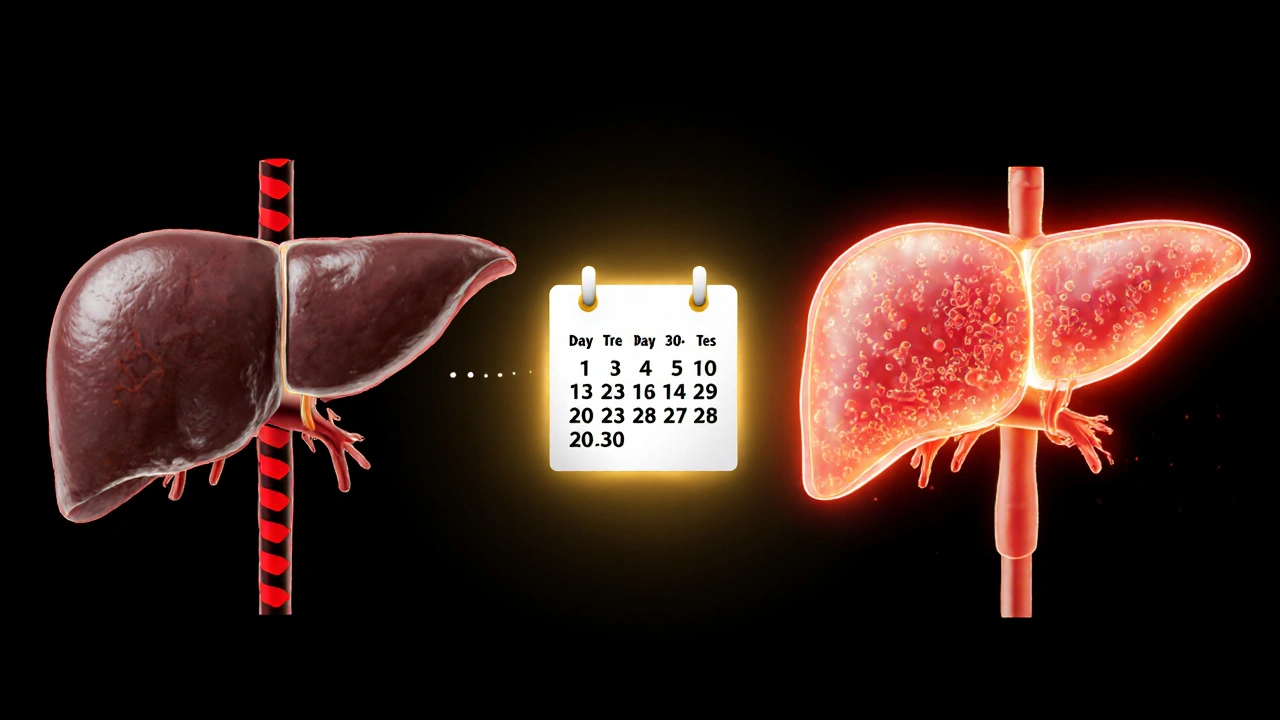 Zdravá játra vpravo, poškozená vlevo, s kalendářem mezi nimi znázorňujícím regeneraci během 2-4 týdnů.