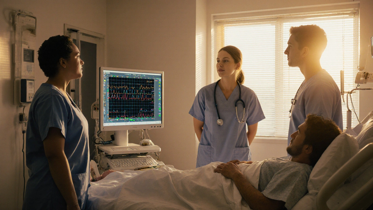 Zdravotní tým sleduje pacienta v klinice během detoxikace s monitorováním vitalních funkcí.