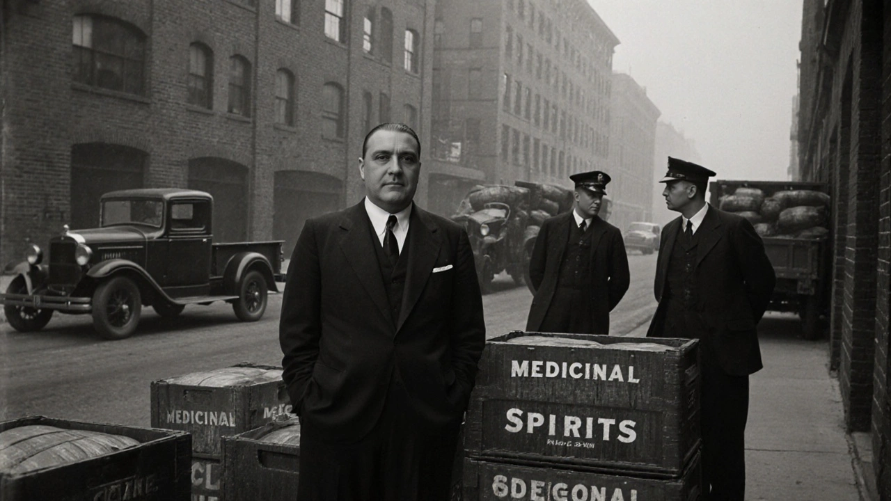 Al Capone stojí před skladem s nelegálním alkoholem, policisté se obrací jinam.