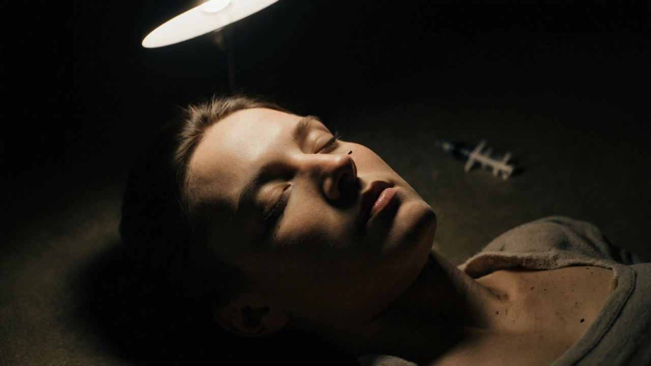 Bezvědomá osoba s jehlovitě zúženými zornicemi v tlumeném světle.