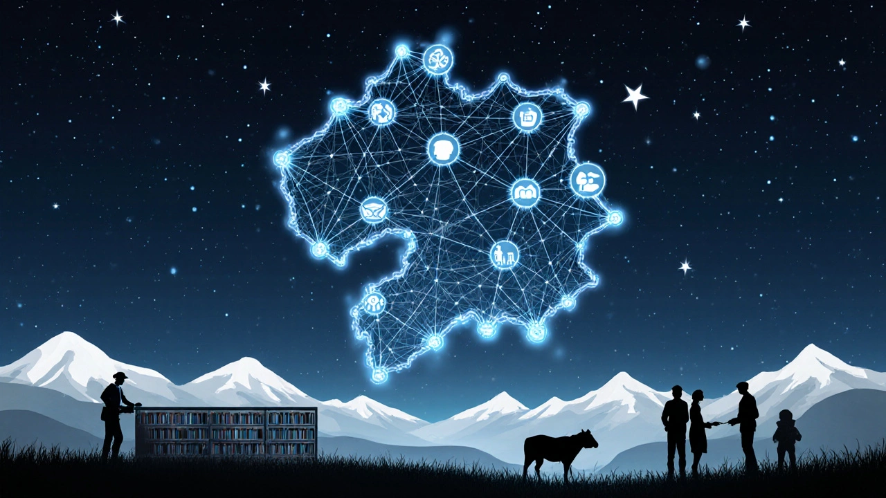 Česká mapa spojená zářivými linkami, které propojují lidi v různých situacích: práce, vzdělávání, zdraví.