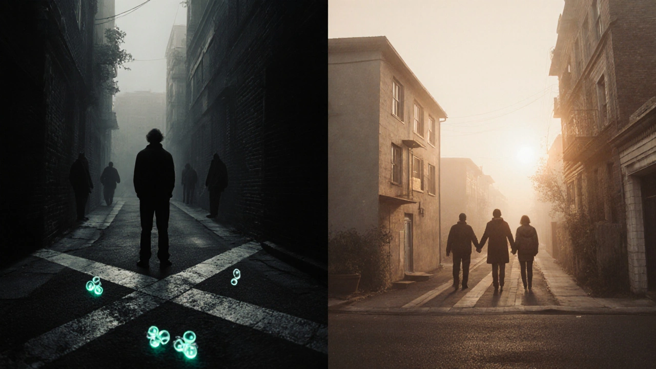 Člověk na rozcestí mezi temnou ulicí s drogami a teplým domovem pro přechodné bydlení, symbolizující cestu k uzdravení.