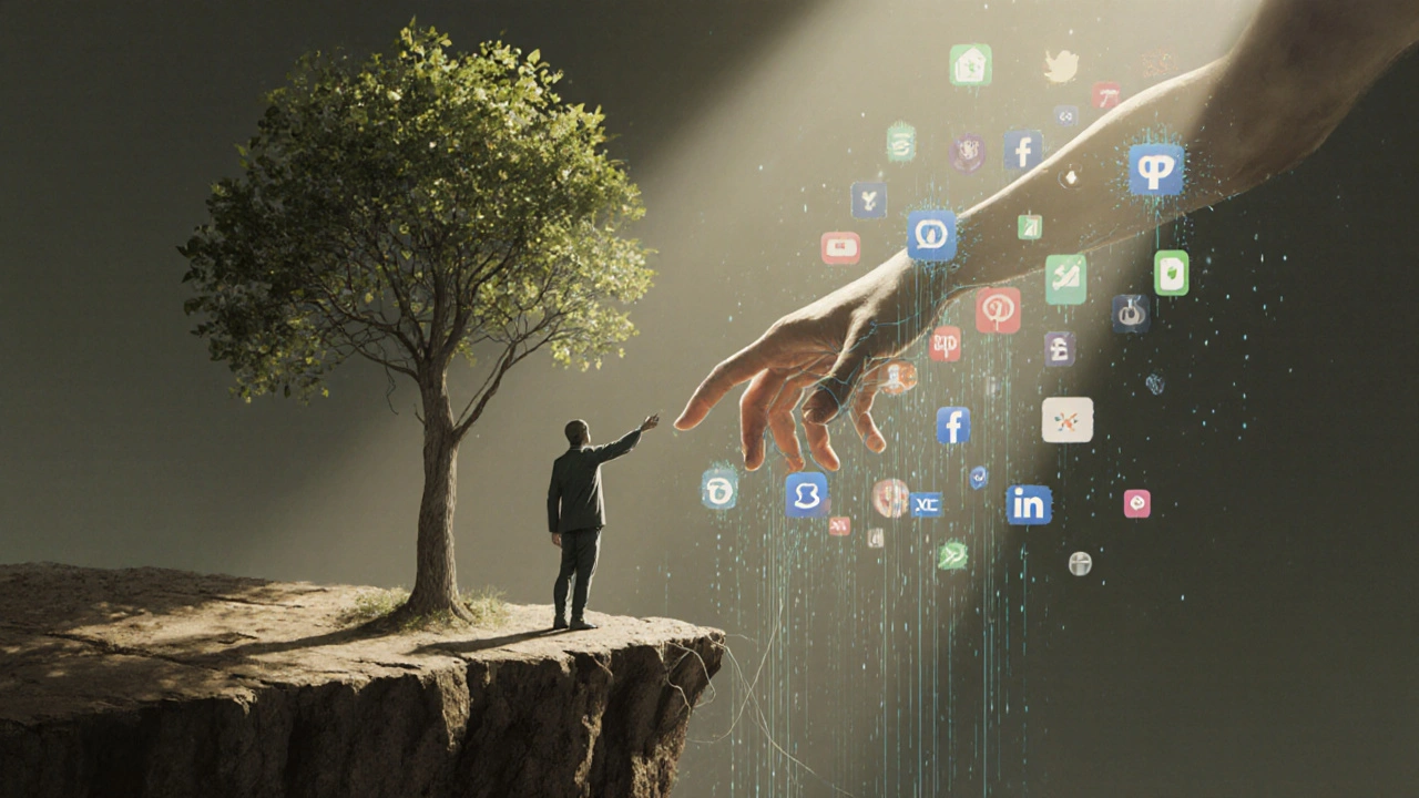 Člověk se táhne od digitálního světa k reálnému stromu, zatímco je pohlcen síťí oznámení.