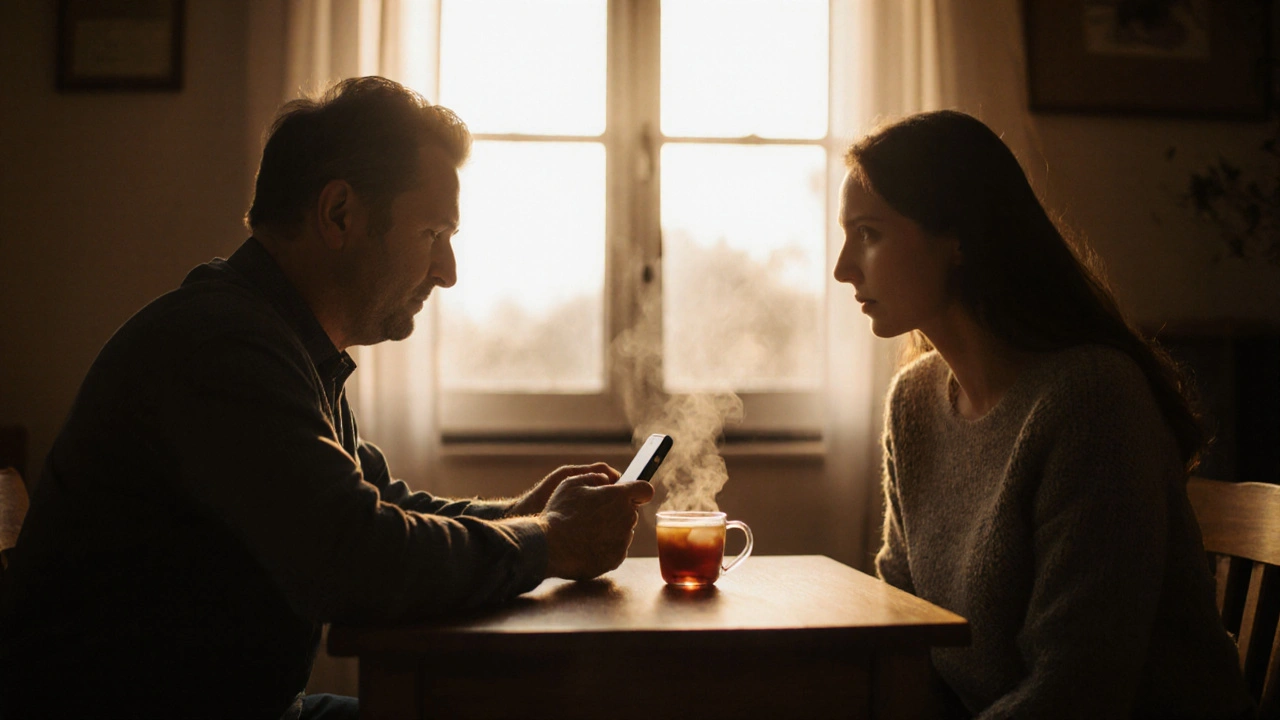 Dva dospělí se dívají do očí při večeři bez telefonů, jemné zlaté světlo je obklopuje.