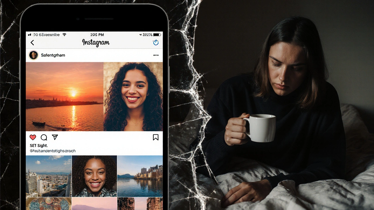 Dvě části scény: napravo ideální Instagramový svět, nalevo skutečný život unavené osoby s kávou na posteli.