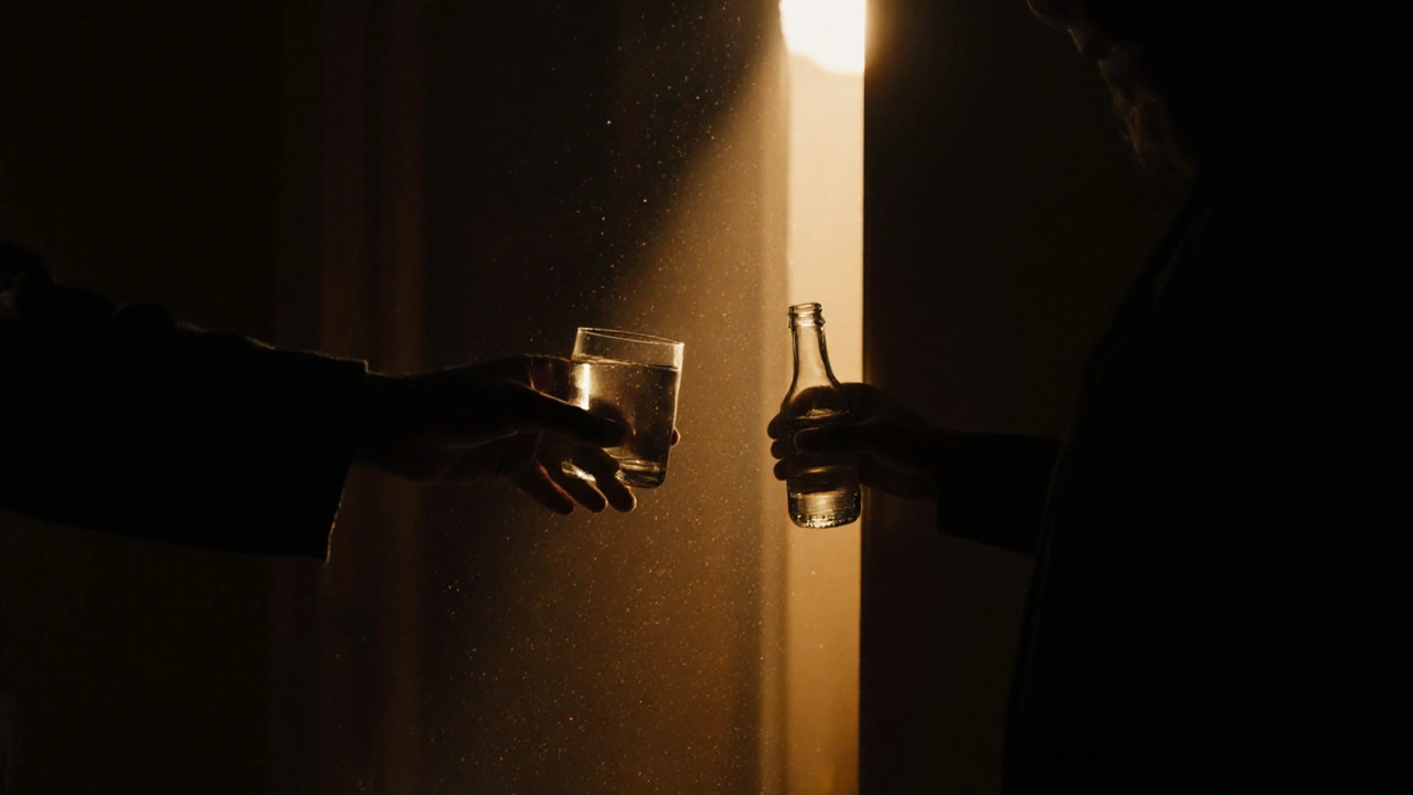 Dvě ruce se blíží k sobě — jedna drží vodu, druhá prázdnou láhev v temnotě.