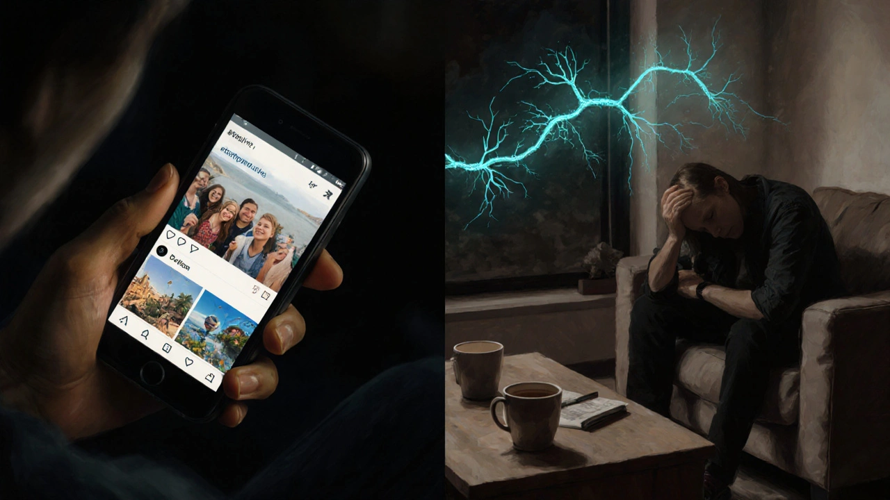 Dvě strany jedné osoby: jedna strana je zaneprázdněna sociálními sítěmi, druhá je unavená a osamělá.