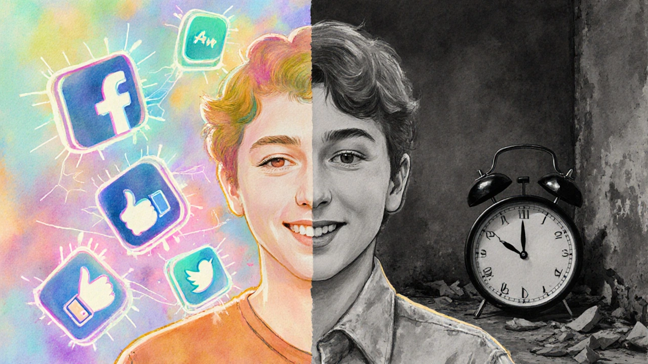 Dvě tváře jedné osoby: jedna digitální a světlá, druhá tlumená a osamělá.