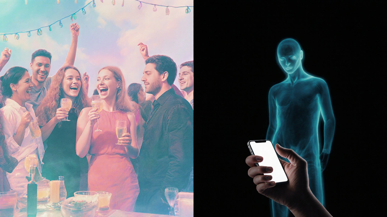 Dvojitý obraz: jedna strana živý společenský okamžik, druhá strana osamělý člověk před obrazovkou sázkové aplikace.