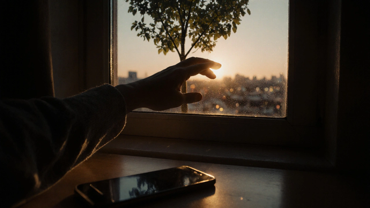 Hand reaching toward sunlit tree while phone lies forgotten on floor.