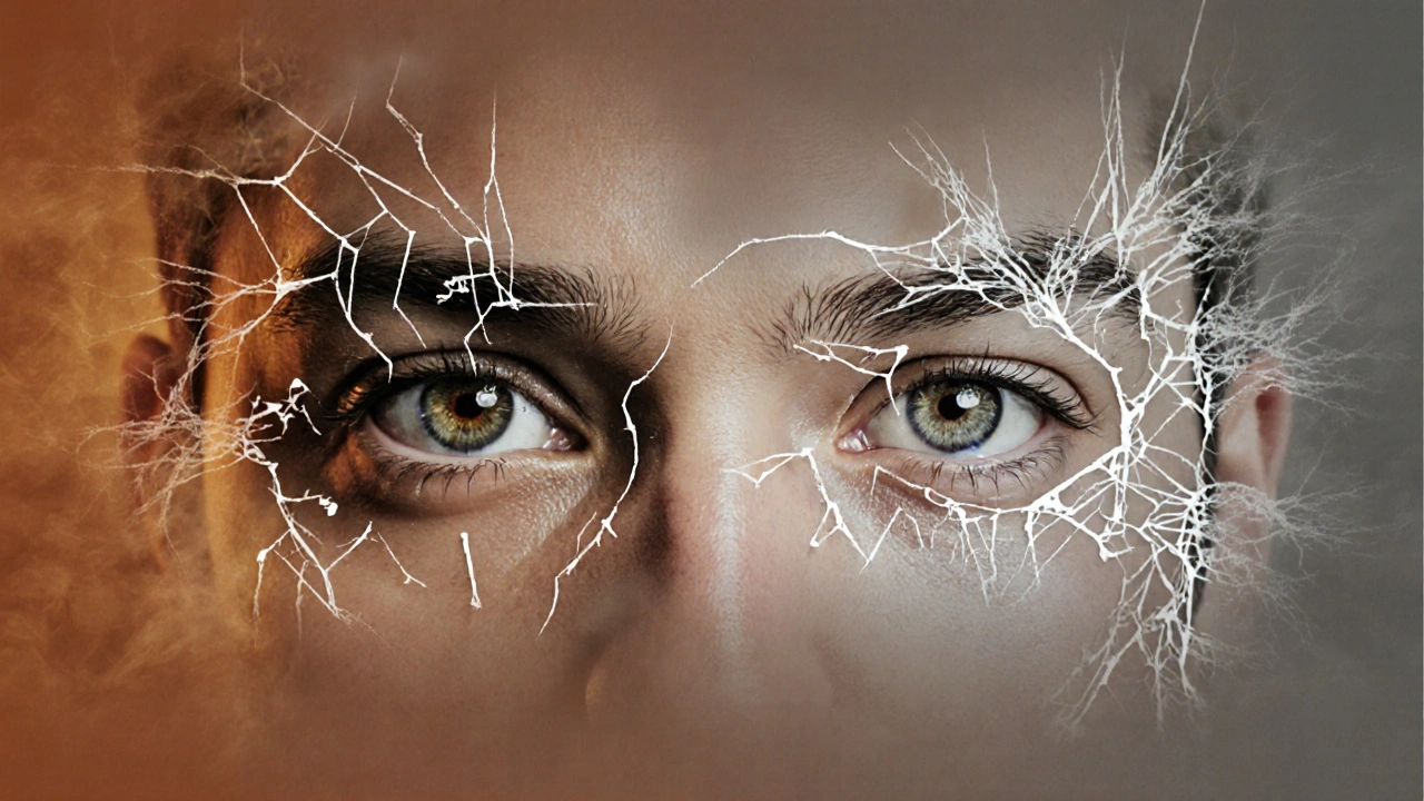 Koncepční obraz očí s poškozenými zornicemi a rozpadajícími se nervovými spojeními.