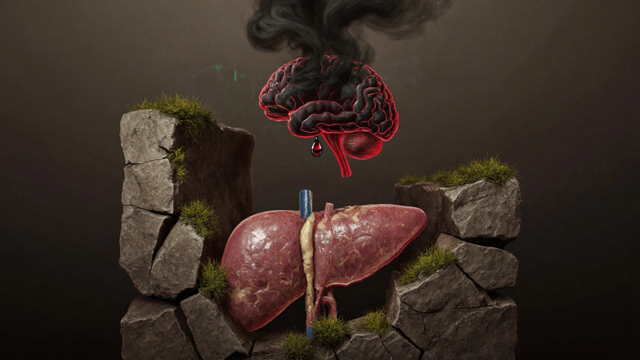 Konzepční obrázek játry jako zhroutivého kamenného stromu s tukovými nánosy a kapek alkoholu.