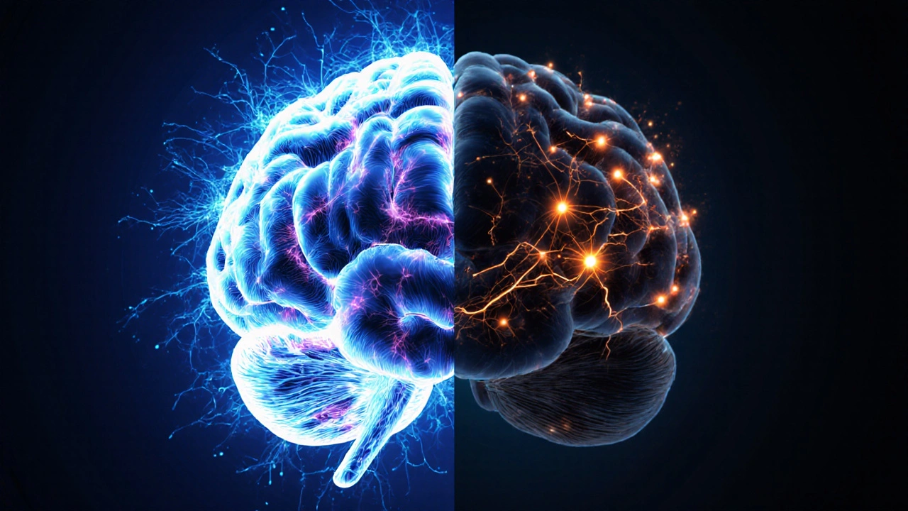 Lidský mozek s jednou stranou aktivní a druhou obnovující se, symbolizující zotavení po drogách.