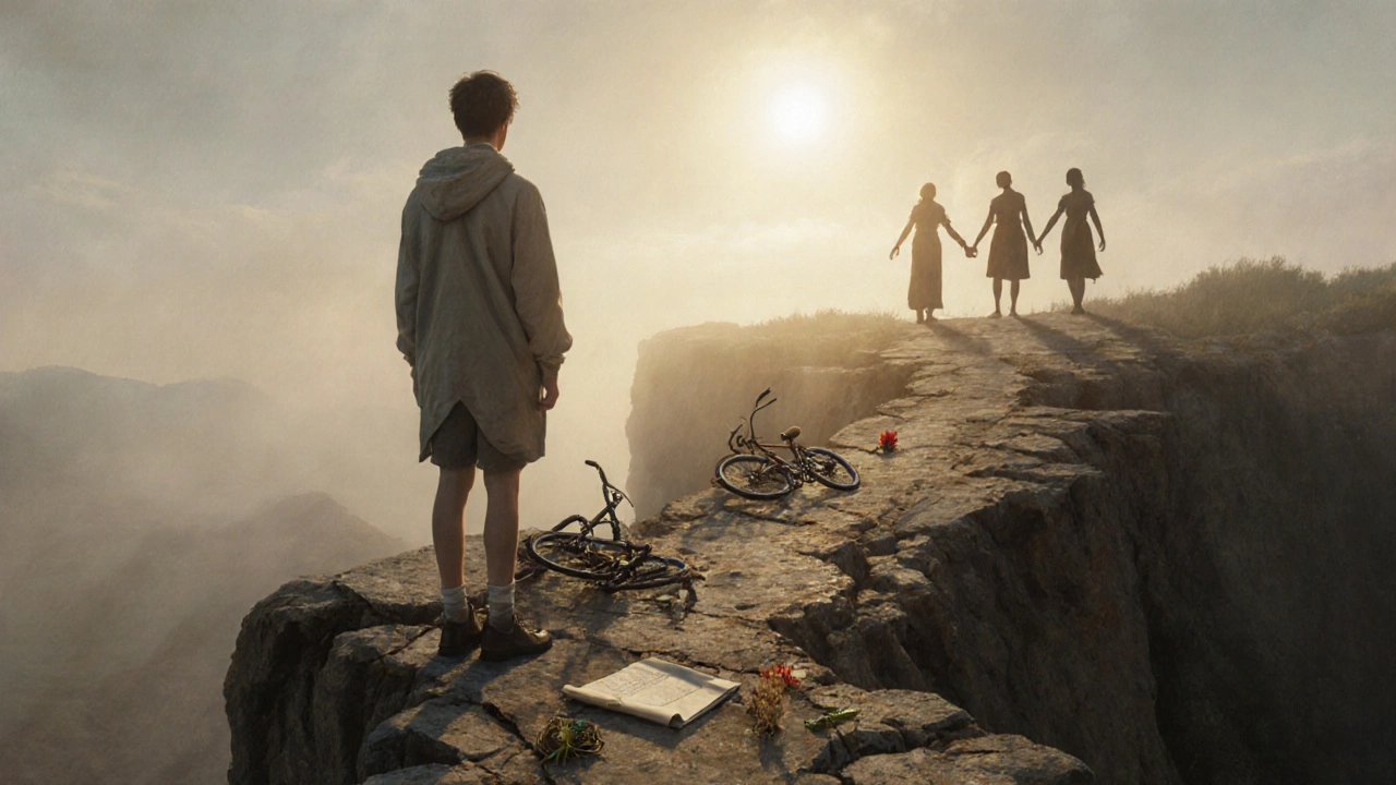 Mladý člověk na okraji útesu, dívá se zpět na ztracené sny, vpředu světlo.