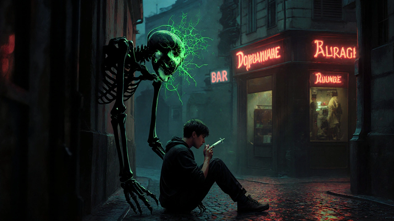Mladý muž injikuje heroin v ulici, jeho stín se mění v kostlivce, zářící injekční stříkačka.