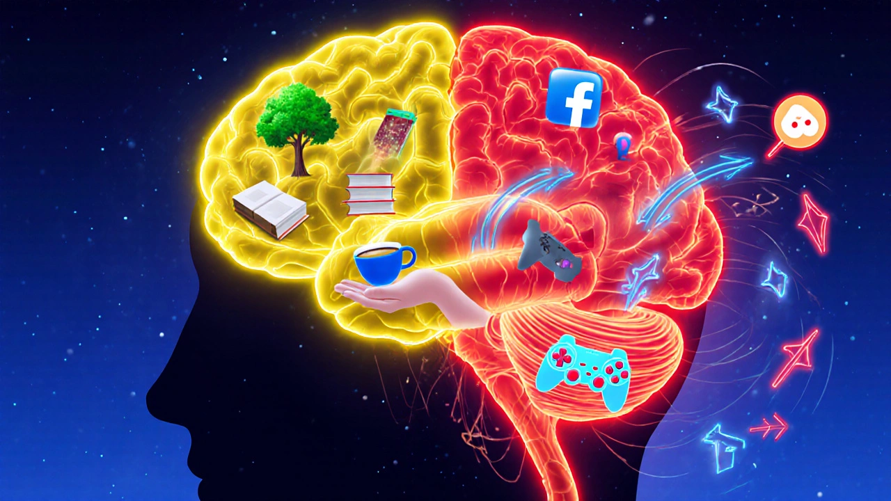 Mozek s neuronovými cestami, které vedou buď k reálným aktivitám, nebo k digitálnímu chaosu.