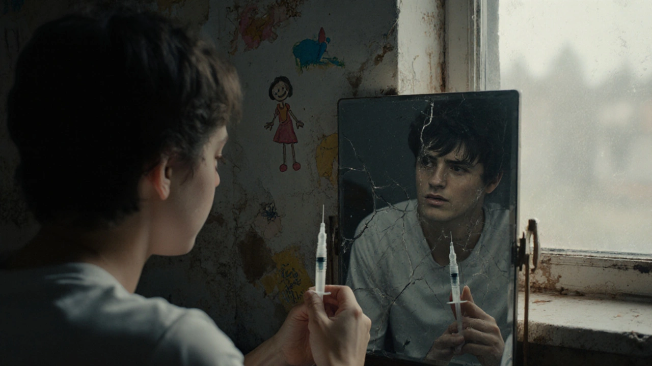 Osamělá osoba před rozbitým zrcadlem s lékem v ruce