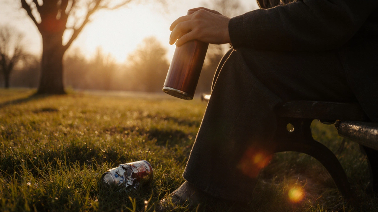 Osoba na lavičce v ranním světle pije čaj, prázdná pivek leží v trávě.