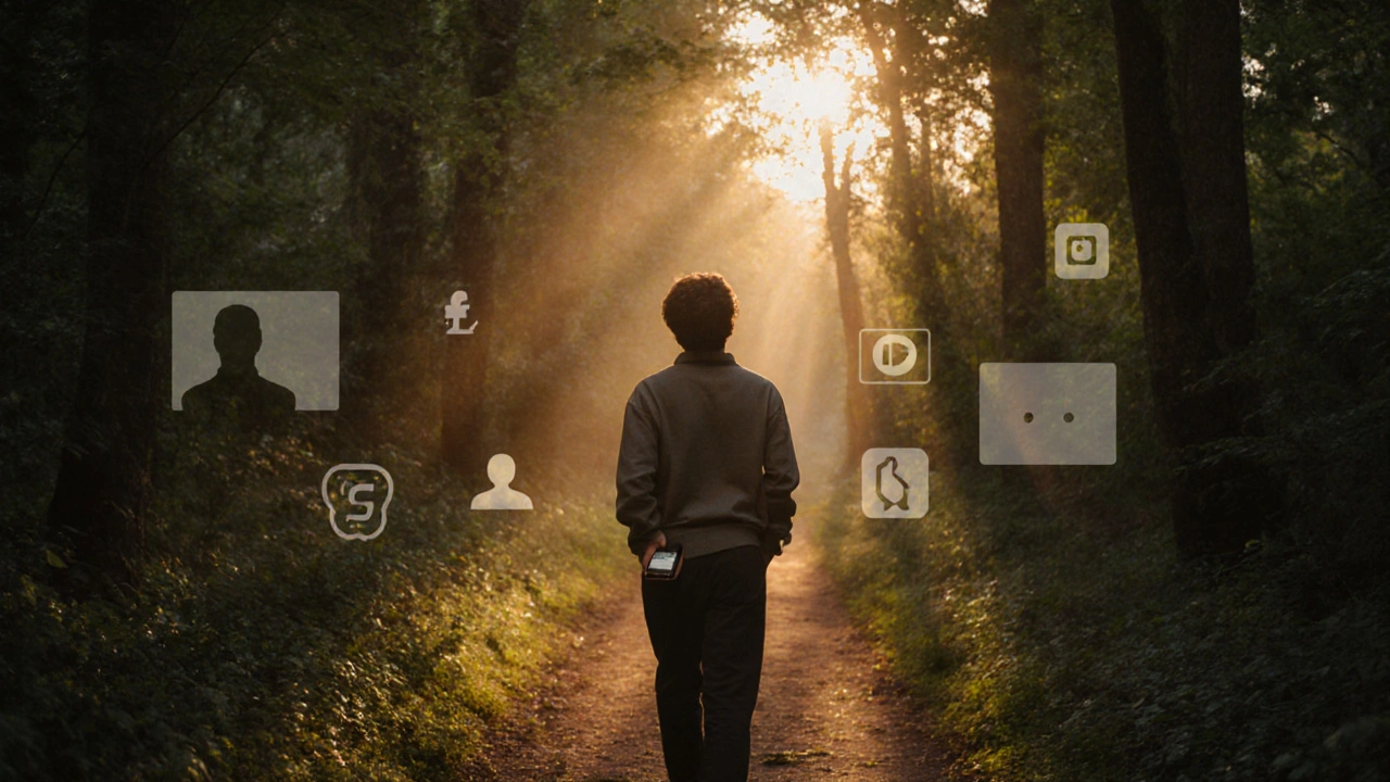 Osoba prochází lesem v záři západu, telefon skrytý, dívá se nahoru k stromům.