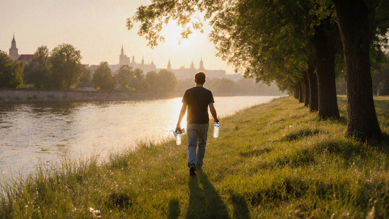Osoba prochází řekou na svítání, drží lahvičku vody a poznámkový blok.