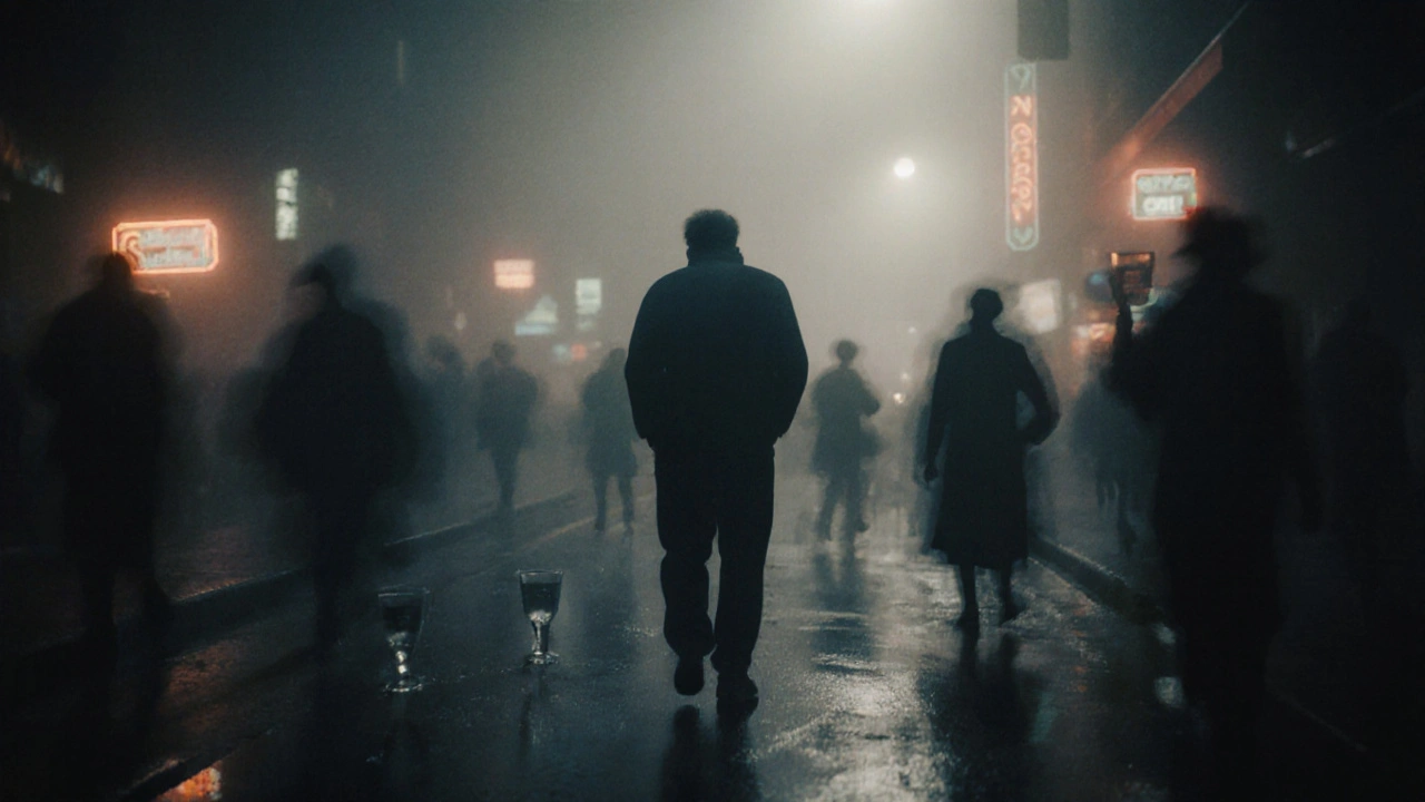 Osoba v mlze ráno, kolem ní stíny událostí, které si nepamatuje, město za ní tmavé a nejasné.