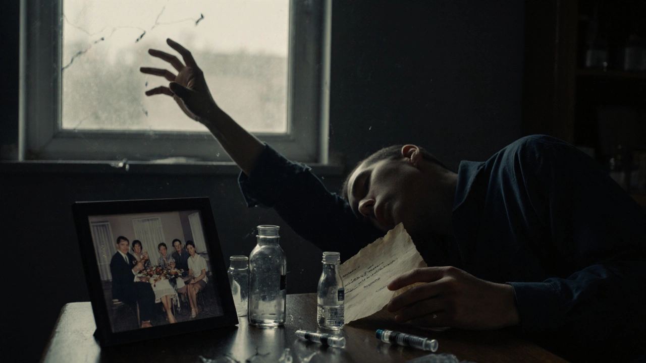 Osoba v temné místnosti kolem prázdných injekčních stříkaček a rozbitého foto rámu.