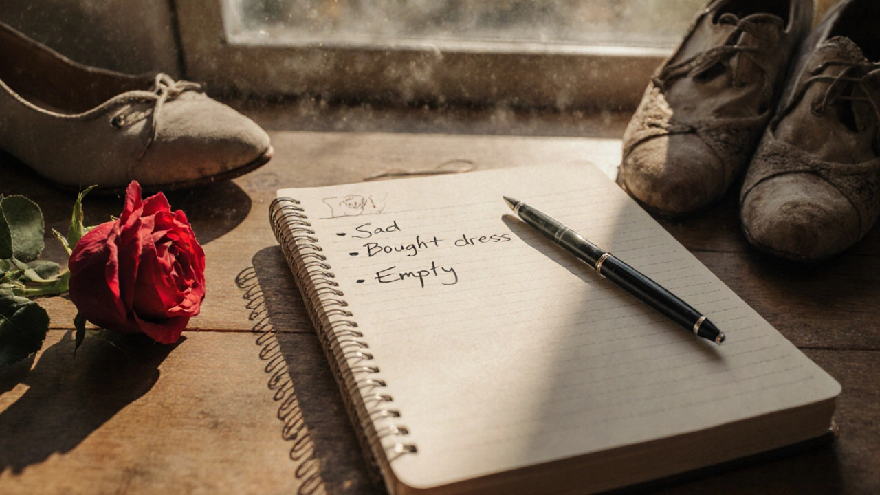 Otevřený deník s záznamy emocí před a po nákupu, vedle něj květina a obuv.