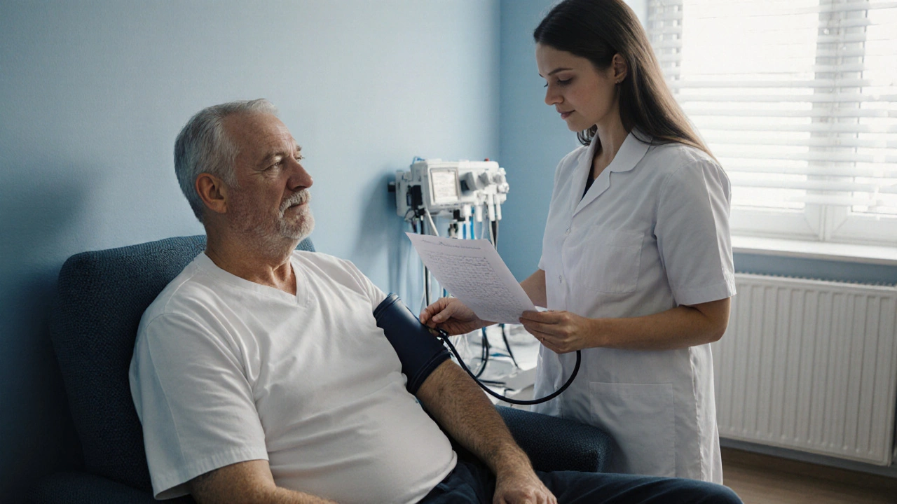 Pacient v detoxikačním centru je sledován zdravotní sestrou, v pozadí lékař a lékařské přístroje.
