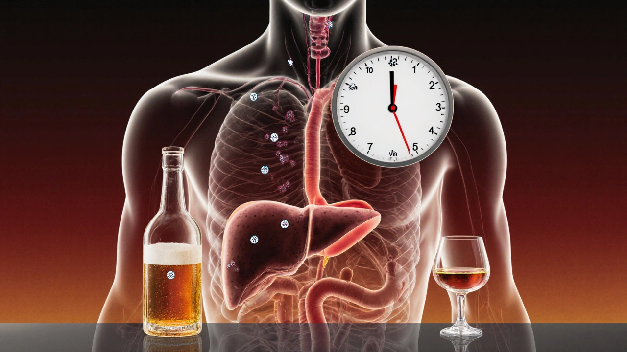 Průhledné tělo s alkoholem v krvi a hodinami ukazujícími dobu zpracování jednotlivých nápojů.