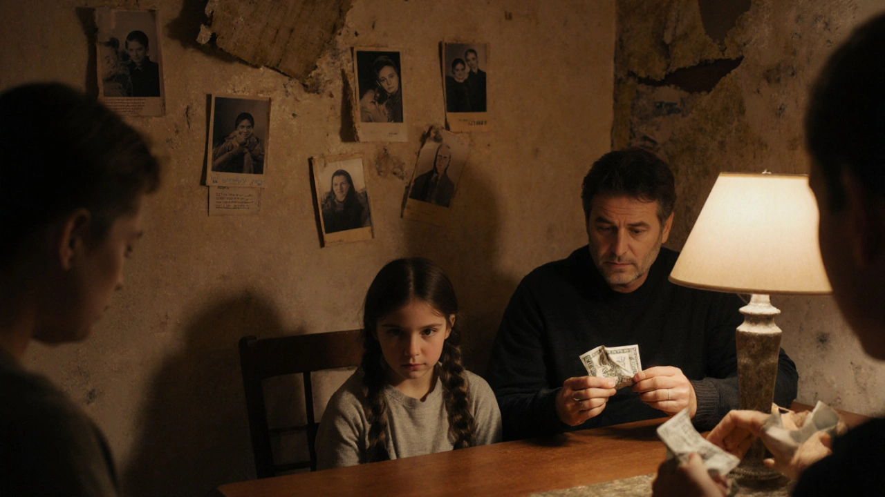 Rodina sedící u stolu s prázdným židlem a rozbitými fotografemi, znázorňující sociální rozpad způsobený závislostí.