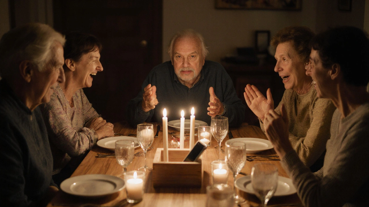 Rodina spolu večeří v klidné kuchyni, telefony uložené v krabici uprostřed stolu.