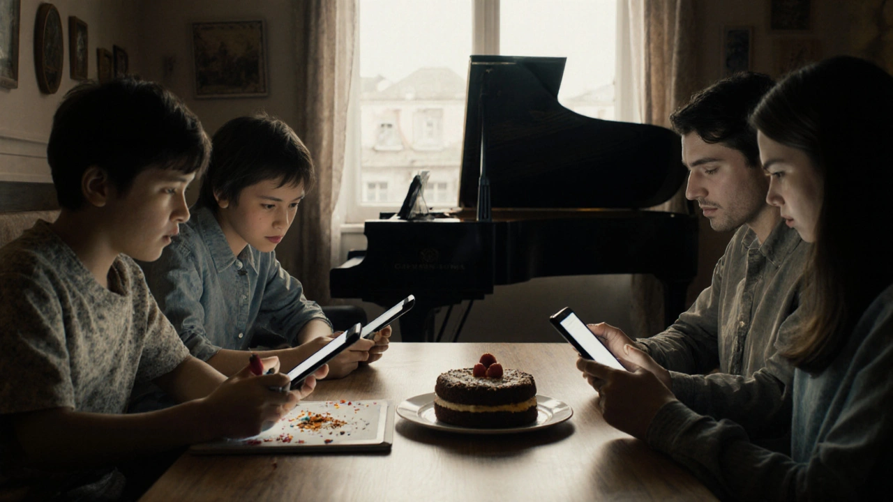 Rodina v kavárně, každý zaměřený na telefon, přestože jsou spolu.
