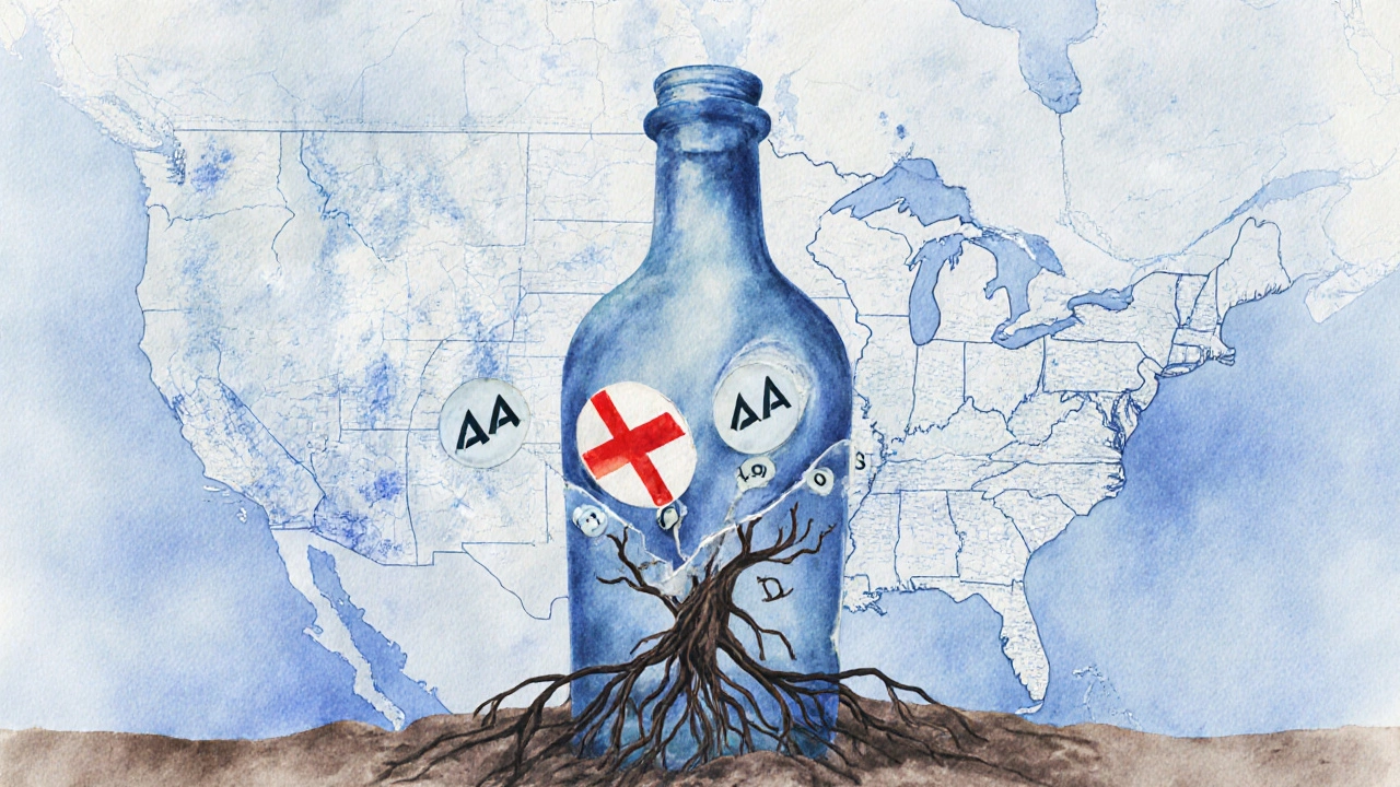 Rozbitá láhev alkoholu přeměňuje se v lékařský symbol, za ní AA schůzky a sušené oblasti.