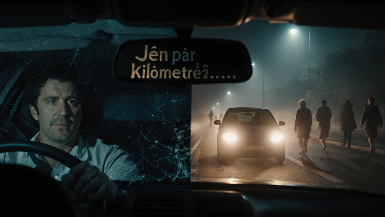 Rozdělená silnice: jedno auto bezpečně jede, druhé se ztrácí v mlze s neviditelnými postavami.