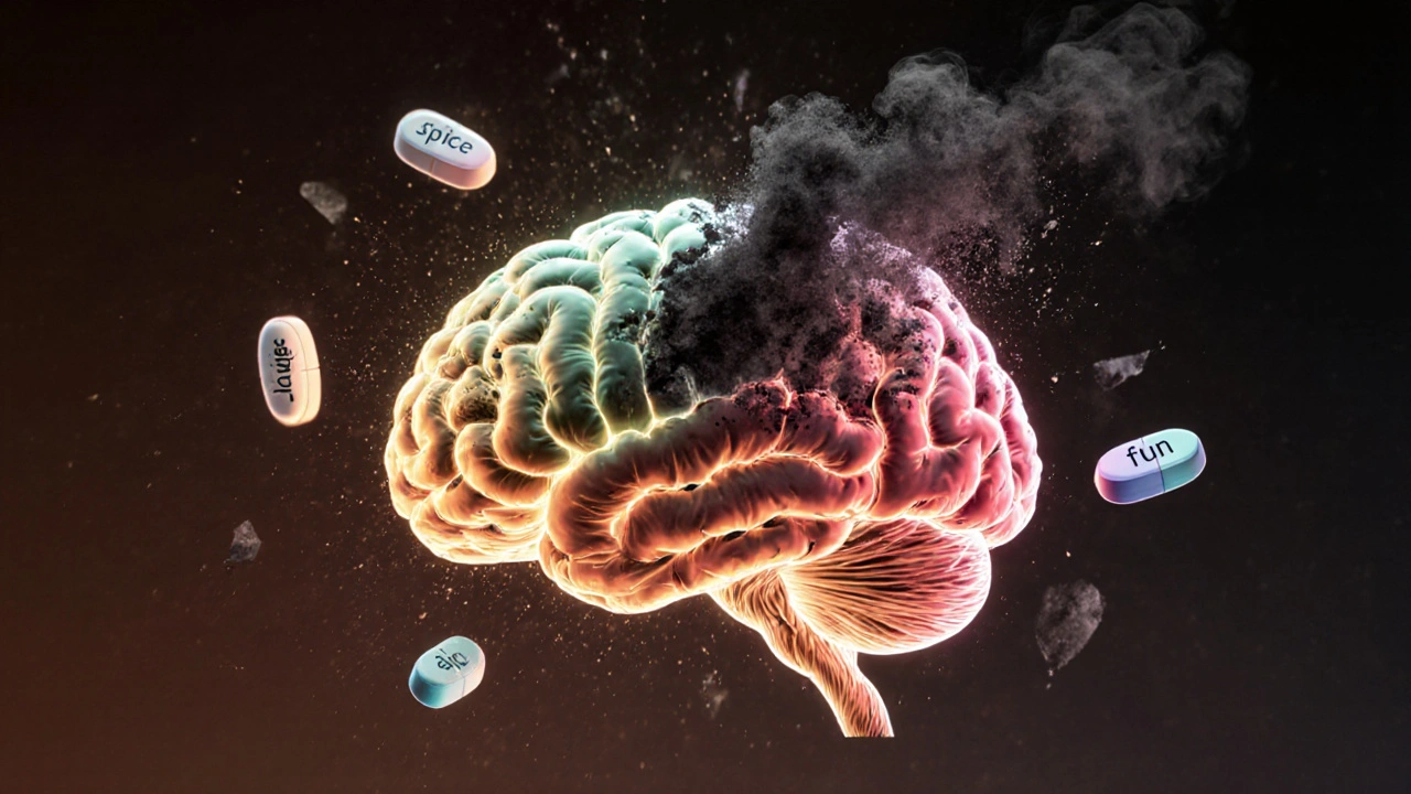 Rozvíjející se mozek teenagera, polovina zdravá, druhá zničena syntetickými drogami ve formě černého kouře.